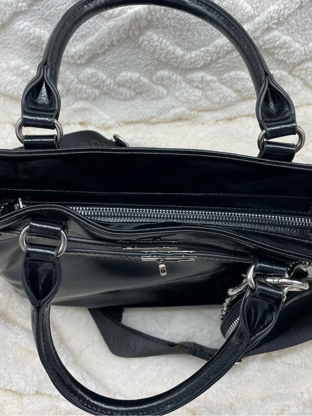 Steve Madden/ Madden NYC Black Patent Satchel with Branded Strap and Coin Pouch